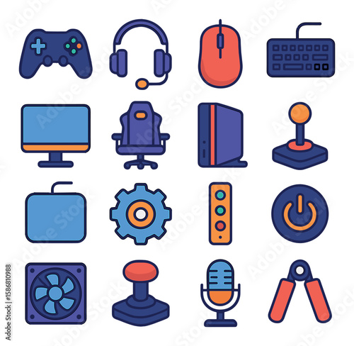 Gaming gear icon collection. modern gaming equipment flat icons: controller, headset, mouse, keyboard, monitor, chair, console, joystick, gear, power button