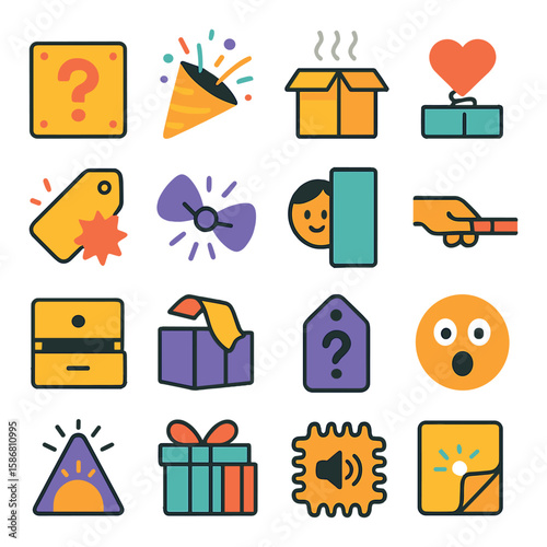Surprise icon collection. gift, box, party, question mark, heart, tag flat