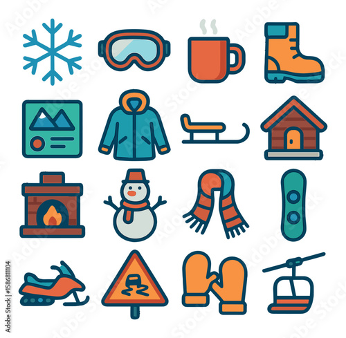 Winter travel icon collection. simple winter activities: snowflake, snowman, ski, coat, cabin