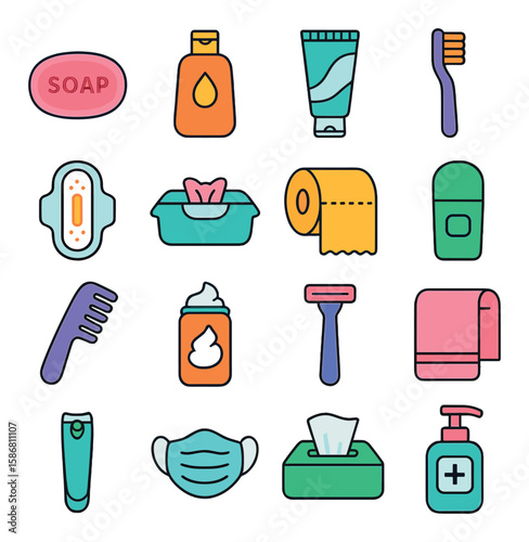 Hygiene icon collection. vibrant simple hygiene elements. soap, toothpaste, toothbrush, mask