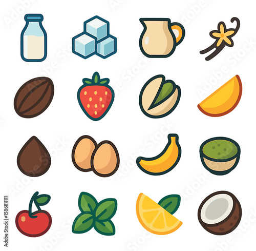Ice cream ingredients icon collection. colorful simple style. milk, sugar, vanilla, fruit, nuts