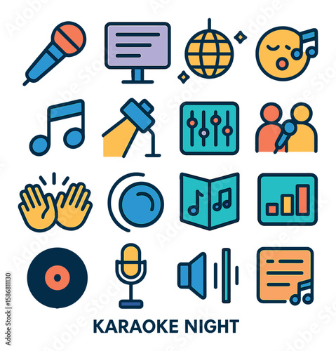 Karaoke night icon collection. music, microphone, speaker, note, song, disco flat