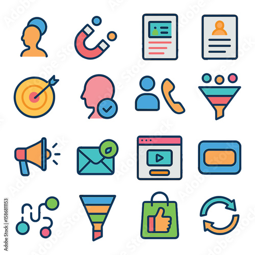 Marketing icon collection: vibrant style icons. target, magnet, funnel, email, megaphone, profile, phone, video, thumbs up