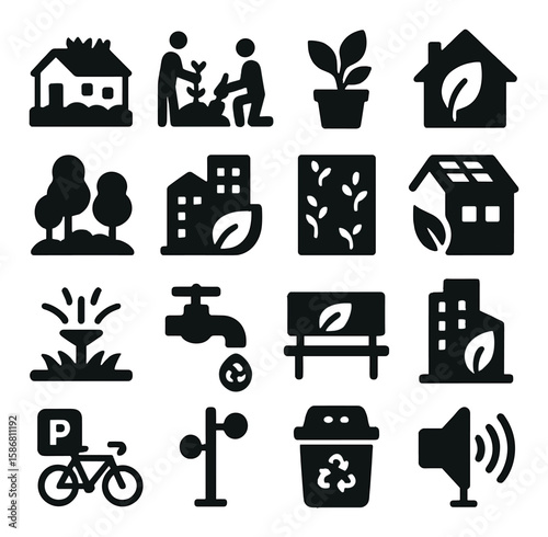 Urban eco icon collection: simple silhouette set of recycling, building, plant, water, energy