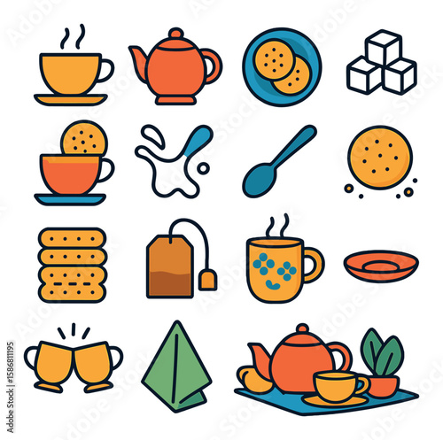Tea time icon collection. simple tea, teapot, cup, cookie, sugar, spoon, napkin,