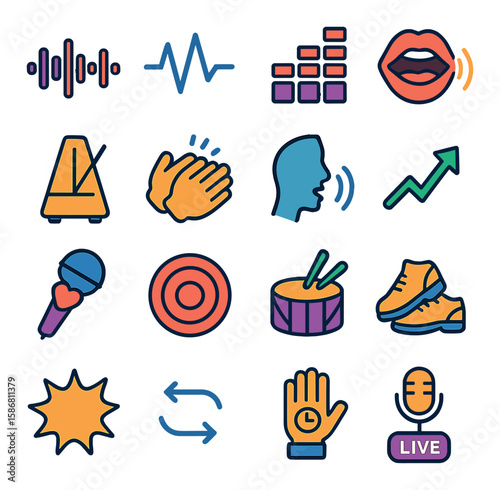 Modern rhythm icon collection. music style simple icons: metronome, drum, microphone, claps, live, sound, voice.