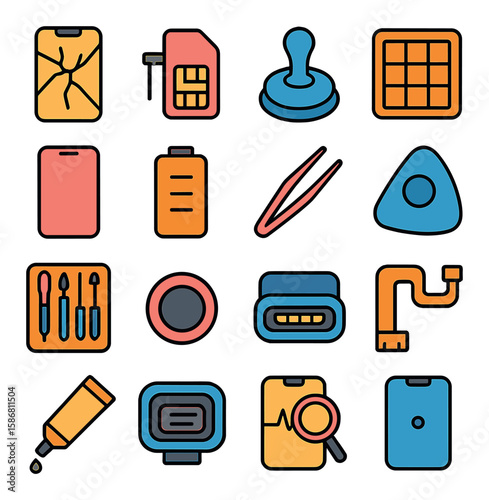 Phone repair icon collection: colorful simple icons for battery, tools, sim, charger,