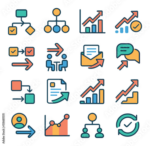 Colorful office arrows icon collection. simple flat style. chart, email, check, flow, communication