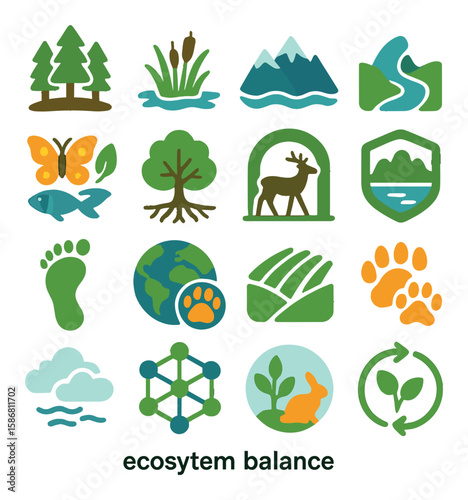 Ecosystem balance icon collection. nature and wildlife flat style. tree, river, animal, plant, mountain, ecosystem