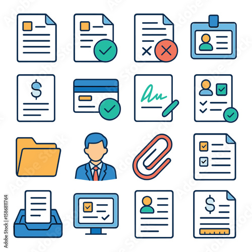 Loan process icon collection: simple linear style. document, approval, id, money, contract