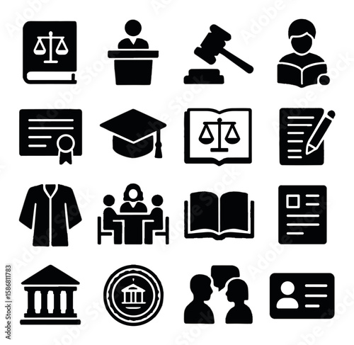 Legal education icon collection: simple silhouette court, gavel, book, student, diploma