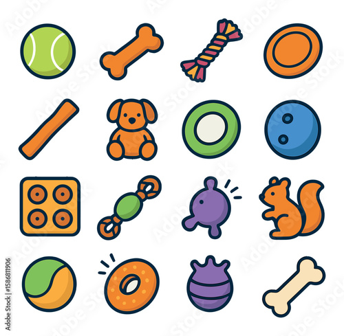 Dog toys icon collection. fun and playful flat pet toys: ball, bone, rope, squeaky, frisbee, chew, treat, squirrel