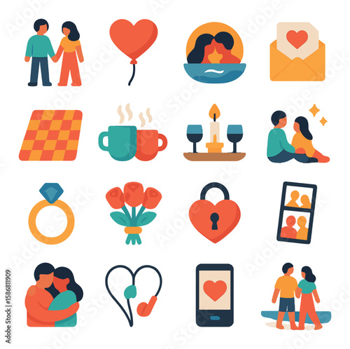 Romantic icon collection. simple love icons: heart, couple, rose, wine, candle, ring