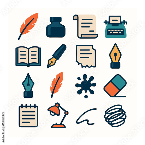 Poet's writing tools icon collection. simple compose style: quill, ink, paper, typewriter, lamp, notebook
