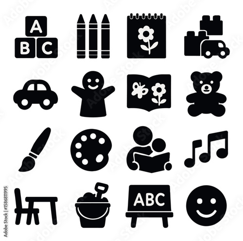 Childhood learning icon collection. simple silhouette icons for kids: abc, crayons, books, teddy, music, chair