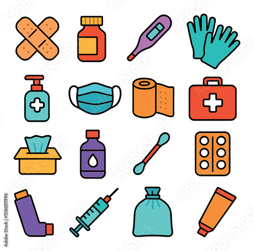 Healthcare icon collection. medical supplies flat icons. bandage, medicine, thermometer, gloves