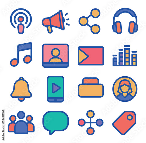 Podcast branding icon collection. simple linear icons set: microphone, headset, speaker, music, network