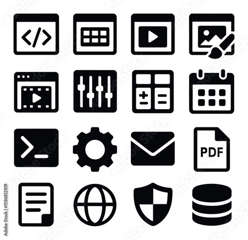 Software tool icon collection: silhouette icons for code, graphics, video, pdf, security, gear, database