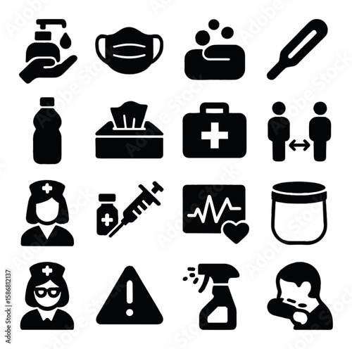 Health safety icon collection: simple silhouette icons for mask, soap, vaccine, thermometer, first aid, distance