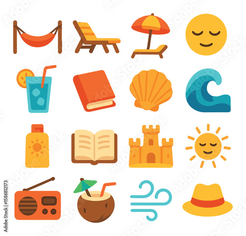 Beach vacation icon collection: colorful, simple beach, shell, sun, wave,