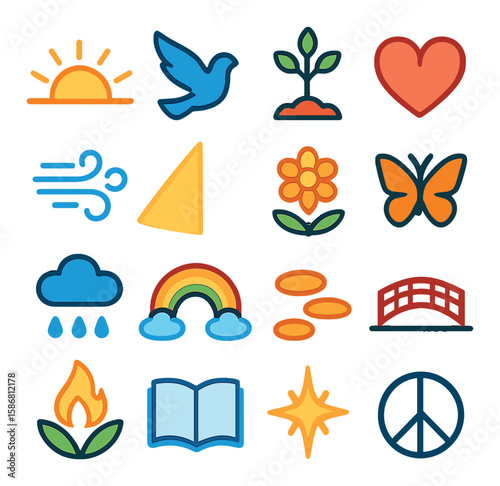 Hope symbols icon collection: vibrant linear peace, love, nature, bridge, sun, butterfly