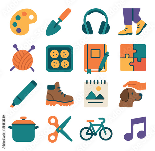 Stress relief icon collection. simple relaxation, hobbies, meditation, puzzle, music, craft,