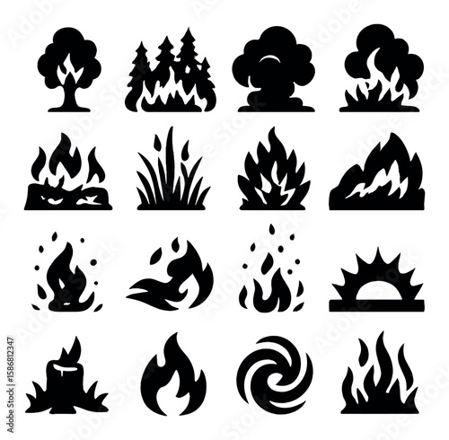 Wildfire icon collection: simple silhouette flames, trees, smoke, fire, sun