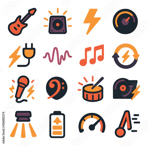 Music icon collection: vibrant musical simple icons. guitar, note, speaker, drum, mic