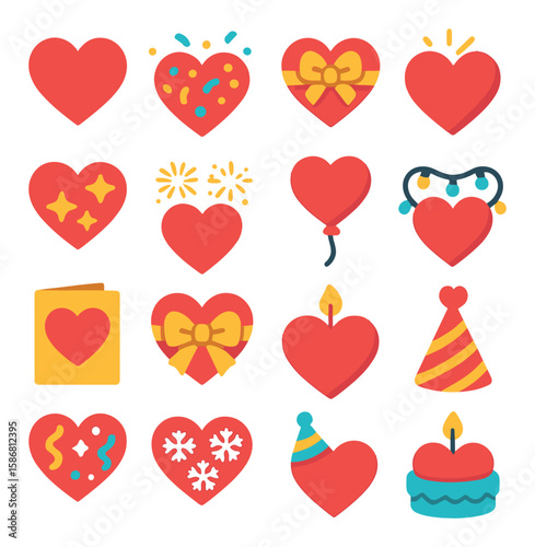 Festive heart icon collection. simple love, party, celebration, gift, candle, balloon, cake