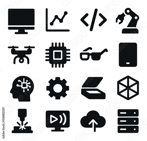 Tech research icon collection: simple silhouette icons for development, ai, code, data, robot, drone, gear, cloud, upload,