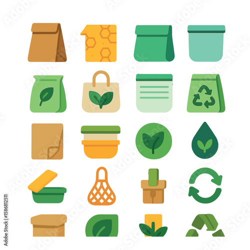 Eco friendly food icon collection. sustainable packaging, compost, recycle, leaf, reusable simple