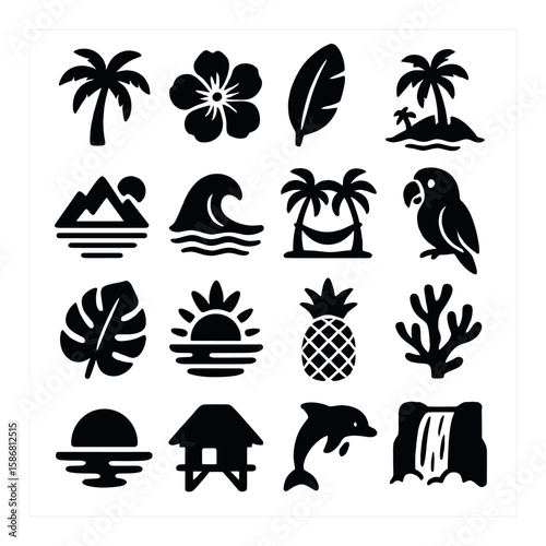 Tropical icon collection. simple silhouette: palm, hibiscus, leaf, sunset, dolphin, waterfall