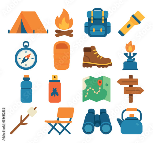 Camping gear icon collection. outdoor equipment flat icons: tent, fire, backpack, map, compass, boots, lantern