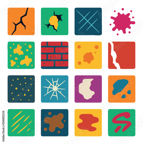 Urban grunge texture icon collection. simple silhouette cracks, paint, brick, splatter