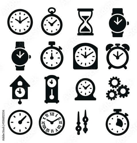 Classic clock icon collection. simple silhouette clocks: alarm, stopwatch, cuckoo, gear