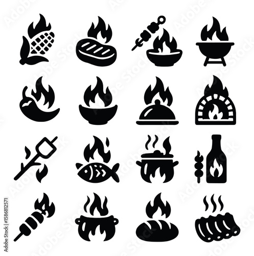 Fire-themed food icon collection. simple silhouette bbq, grill, skewer, bread