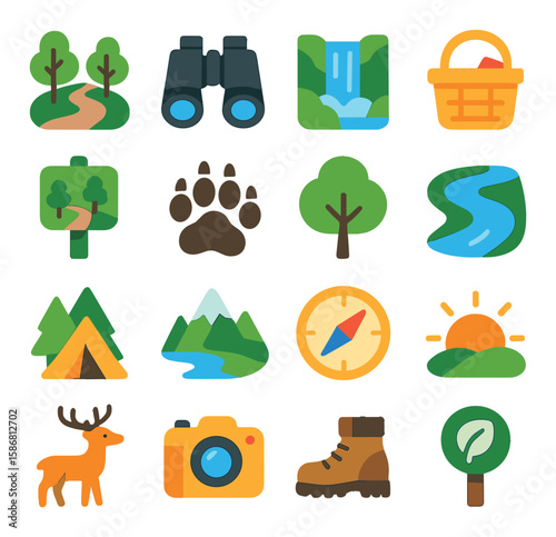 Nature tourism icon collection. simple travel and adventure icons: path, trees, binoculars, waterfall, compass, river, mountain, tent, camera, boot