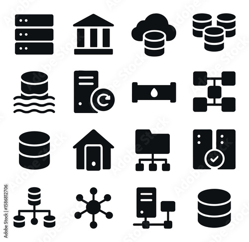 Data icon collection: simple silhouette icons for cloud, database, server, network, folder,