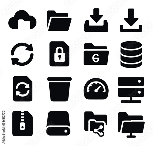 Digital storage icon collection: simple silhouette designs. cloud, folder, lock, database, upload, server