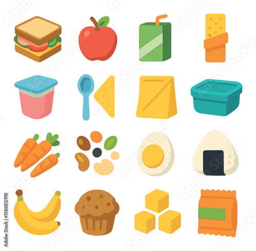 Vibrant lunch icon collection. simple food set: apple, sandwich, juice, egg, snack, container