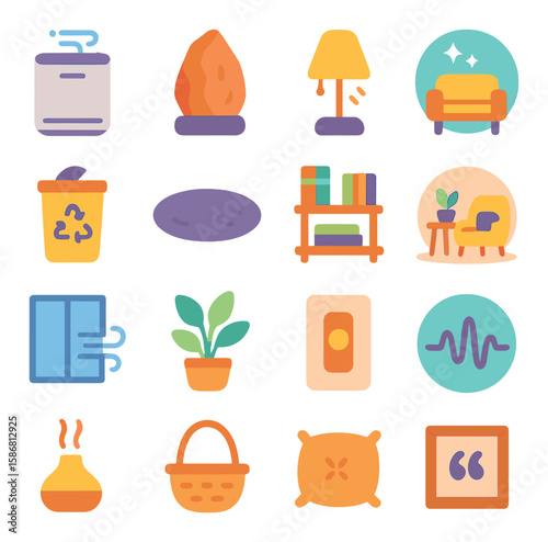 Wellness home icon collection: flat spa, relaxing lounge, eco living, nature decor,