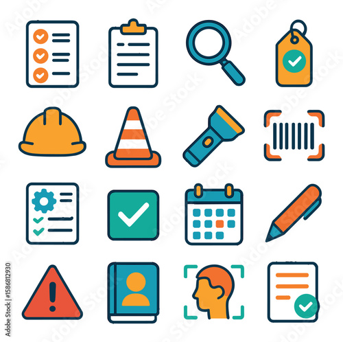 Inspection icon collection. safety inspection flat icons: clipboard, checklist, magnifier, tag, light, barcode