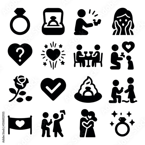 Proposal icon collection. romantic marriage proposal silhouette icons. ring, love, heart, couple, engagement, romance