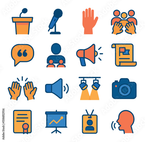 Public speaking icon collection. communication, presentation, microphone, audience, gesture simple