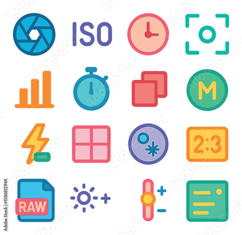 Photography icon collection: modern simple design. camera, iso, shutter, flash, raw, zoom, stopwatch, timer