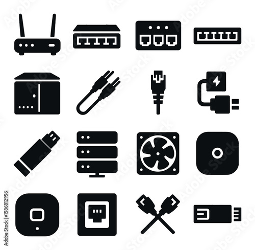 Network hardware icon collection. simple silhouettes: router, cable, server, usb, switch, modem, port, connector