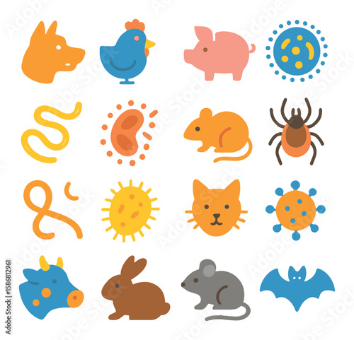 Zoonotic disease icon collection. simple animal, virus, germ, snake, bat, pig, dog, tick