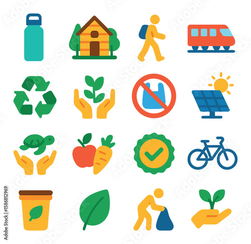 Sustainable tourism icon collection. eco travel simple icons: recycle, bicycle, solar energy,