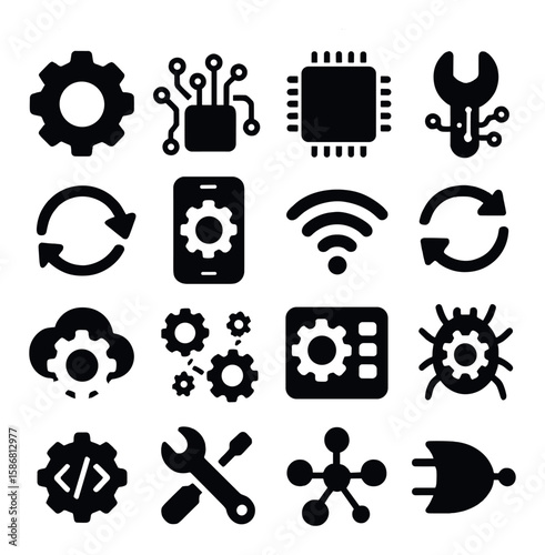 Digital tech icon collection. simple silhouette icons: chip, gear, cloud, wi-fi, plug