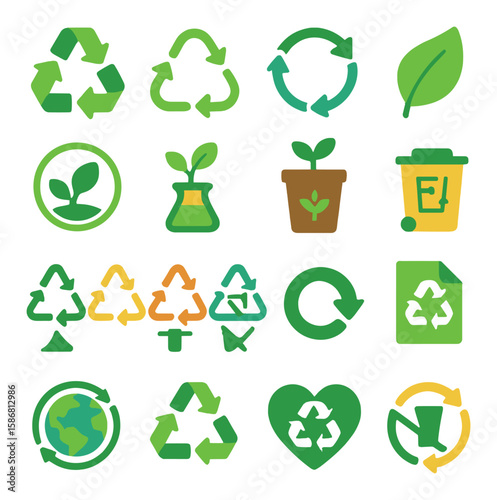 Recycling icon collection: vibrant simple style. leaf, bin, earth, cycle, plant
